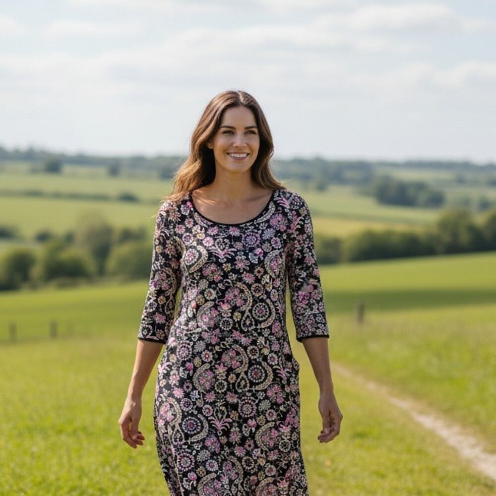 Boden Dress Womens 14 R Blue Floral Shift 3/4 Sleeve Pockets Career Casual Boho